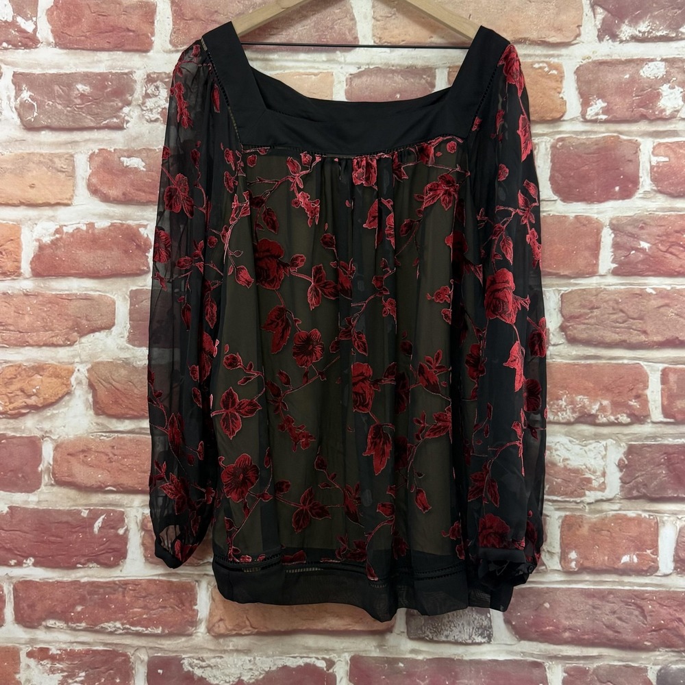 ECI Tunic Top Women's 24 Black Red Floral Burnout Sheer Casual Evening Shirt